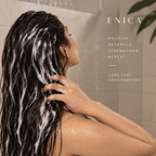 A woman with long, wet, dark hair lathered in hair conditioner stands in a shower under running water. White text on the right reads ENICA and additional product benefits.