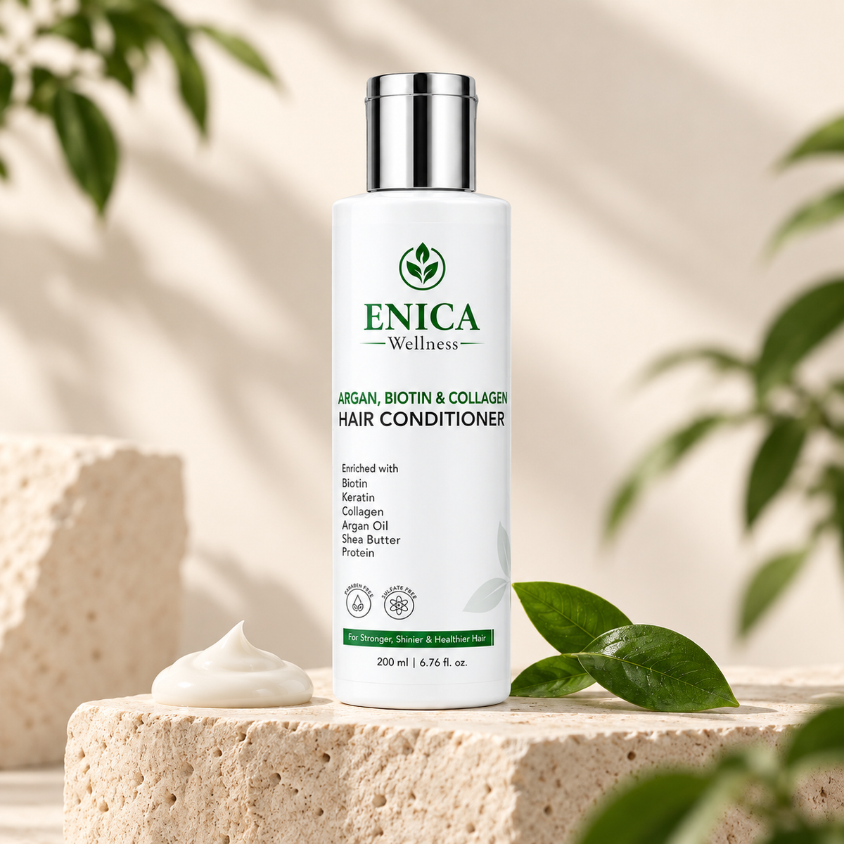 A bottle of ENICA Wellness Argan, Biotin & Collagen Hair Conditioner stands on a textured stone pedestal with a dollop of white conditioner and green leaves in a softly lit, natural setting.