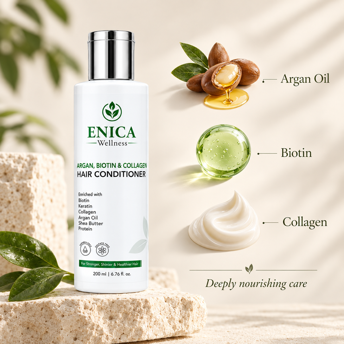 A bottle of ENICA Wellness Argan, Biotin & Collagen Hair Conditioner stands on a stone slab beside ingredient callouts including argan oil, biotin, and collagen, with a cream swirl and leaves on a warm beige background.