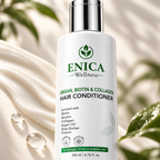A bottle of ENICA Wellness Argan, Biotin & Collagen Hair Conditioner, styled on a white background with a swirl of creamy conditioner, water droplets, and green leaves.